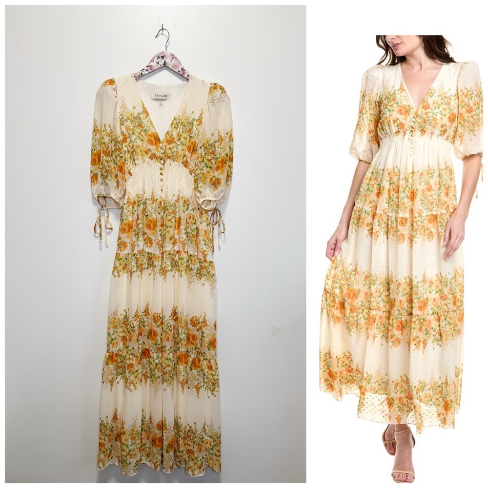 TAYLOR Yellow & White Floral Tiered Smocked Waist Tie Sleeve Midi Dress Size 2